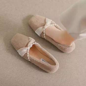 2023 зимние женские плюшевые туфли на плоской подошве в корейском стиле с жемчужной цепочкой деловые женские офисные туфли Мэри Джейн женские повседневные туфли-лодочки 41-43 35 слоновая кость