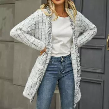 2023 Зимний женский повседневный трикотаж, кардиган с бахромой, модное цветное пальто S чёрный