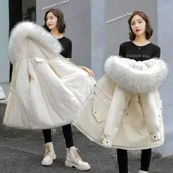 2023 зимняя новая одежда с хлопковой подкладкой и большим шерстяным воротником и хлопковой подкладкой для женщин L чёрный