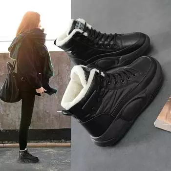 2023 зимняя новая утолщенная обувь на флисовой подкладке в корейском стиле с высоким берцем для папы Женская студенческая хлопковая обувь Ins Спортивная женская обувь 35 чёрный