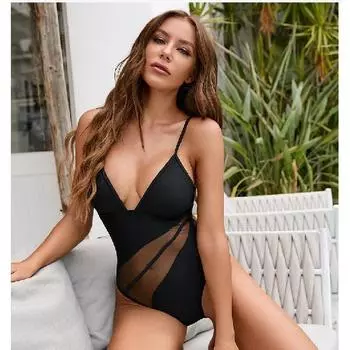 2023Сексуальный цельный женский купальник чистого цвета с сетчатой строчкойVCворотник слинг S чёрный