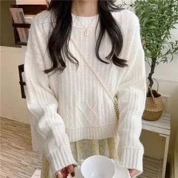 2023Винтажный пуловер с жареным тестом, свитер для женщин на осень и зиму, корейский свободный вязаный пуловер с длинными рукавами, топ