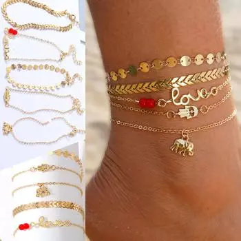 2024 2023 Модный роскошный браслет со слоном Чешуйчатая стрелка Palm Eye Лодыжка Набор 5 украшений Элегантный браслет с рунами Тусовщица Пляжная лодыжка Круглый браслет золотой