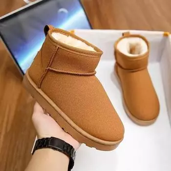 2024 2024 2024 Новые женские супер мини-сапожки с круглым носком и толстой подошвой, теплые зимние ботильоны из мягкого материала, зимние ботинки на толстой подошве для женщин 36 чёрный