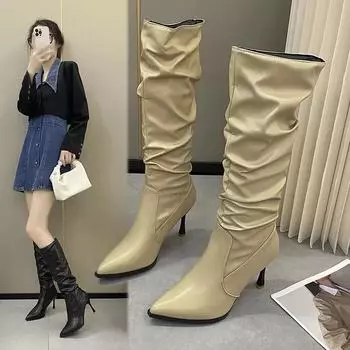 2024 2024 2024 Женские высокие сапоги до колена Туфли с острым носком Современные женские сапоги Осенние туфли-лодочки Западная женская обувь на каблуках 35 бежевый