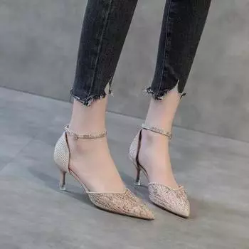 2024 2024 Босоножки на каблуке с острым носком, сетчатые босоножки с открытой пяткой для женщин, туфли для вечеринок, элегантные туфли-лодочки 34 чёрный