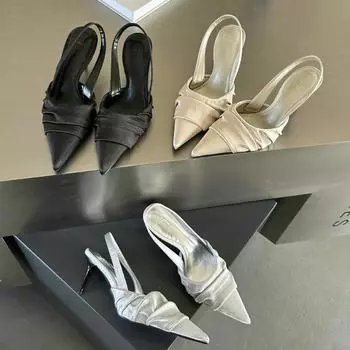 2024 2024 Босоножки женские летние новые остроносые туфли-лодочки с пустым одинарным каблуком с атласной лентой на высоком каблуке 35 серебряный