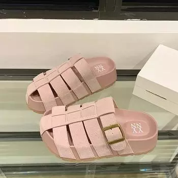 2024 2024 Брендовые туфли для женщин с закрытым носком Женские тапочки 2024 Повседневные тапочки с пряжкой на ремне Женские хиты продаж Однотонные плоские тапочки 35 бежевый