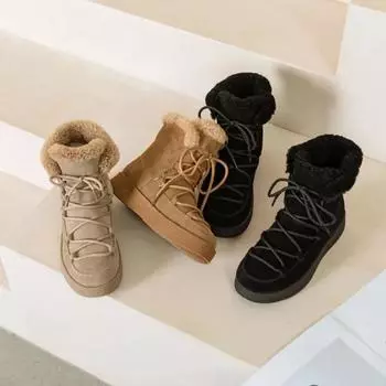 2024 2024 Британский стиль 2024 Зимние новые ботинки из нубука для снега с мехом, женские теплые ботинки с круглой подошвой и перекрестными шнурками 35