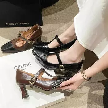 2024 2024 Дизайнерские женские туфли Мэри Джейн 2024 Элегантные туфли с квадратным носком и толстым каблуком Женские туфли-лодочки с Т-образным ремешком 35 коричневый