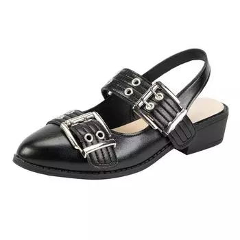 2024 2024 лакированная кожа заклепки металлическая пряжка женские туфли-лодочки весна лето готика толстый каблук с открытой пяткой мюли обувь для девочек Zapatos 36 чёрный