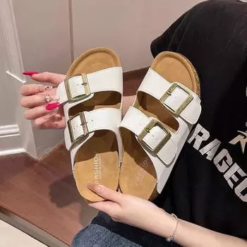 2024 2024 летние женские тапочки из пробки с двумя пряжками из коровьей замши на плоской подошве сандалии для женщин в стиле ретро 2024 садовые мюли-сабо 35 белый