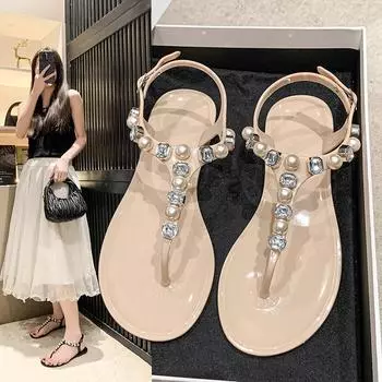 2024 2024 Лето 2024 Новые Сексуальные Популярные Удобные Большие Размеры Милые Плоские Однотонные Женские Тапочки Сандалии С Круглым Носком С Бисером 36 бежевый