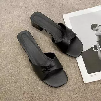 2024 2024 Лето Новинка 2024 года Открытые Носки Однотонные Простые Кожаные Поверхности Универсальные Карамельные Цвета Большие Тапочки Квадратный Каблук Туфли Женские 35 белый