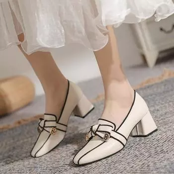2024 2024 Новинка 2024 года Французские ретро туфли на высоком каблуке из натуральной кожи Женские босоножки на толстом каблуке с квадратным носком Туфли на высоком каблуке 34