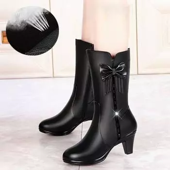 2024 2024 осень зима плюшевые удобные туфли для мам с круглым носком на толстой подошве среднего каблука кожаные ботинки 2024 теплые женские короткие ботинки 35