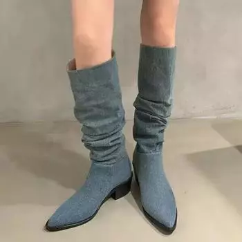 2024 2024 Сапоги челси до колена для женщин 2024 Осень Новые женские современные джинсовые женские туфли на низком каблуке с острым носком в стиле вестерн 35 хаки