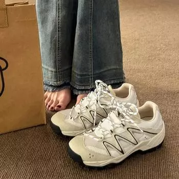 2024 2024 Женская Весна Осень Серая Толстая Подошва Папины Туфли Круглый Носок Универсальные Спортивные Туфли Студенты Шнуровка Повседневные Мягкие Зимние Ботинки 35 черный серый