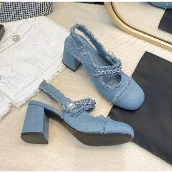 2024 2024 Женские босоножки Винтажные туфли на толстом высоком каблуке Женские джинсовые туфли с ремешком сзади Летняя обувь Босоножки с закрытым носком Дизайнерские босоножки 34