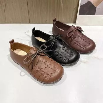 2024 2024 Женские новые весенне-летние туфли с круглым носком и плоской подошвой Женские кожаные туфли с мягкой подошвой Одинарные туфли 35 коричневый