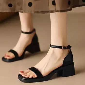 2024 2024 Женские сандалии из натуральной кожи Туфли с ремешком на щиколотке Круглый носок Толстые каблуки Сандалии с ремешком на пряжке Женская обувь Лето Бежевый 40 34 бежевый