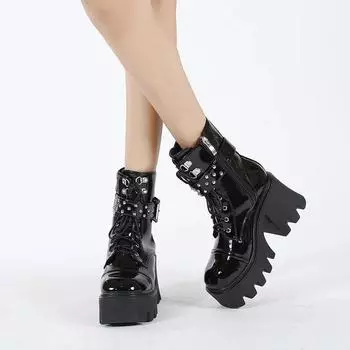 2024 2024 зимние ботильоны женские модные ботинки на платформе готические женские туфли на молнии размер 43 высокие каблуки мотоциклетные ботинки Botas De Mujer 35 чёрный