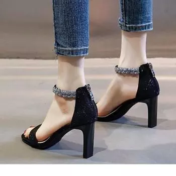 2024 2024All-match Temperament Летняя новинка 2024 года Туфли на шпильках с высоким каблуком Римские туфли с молнией сзади резиновая подошва женские сандалии 40 чёрный