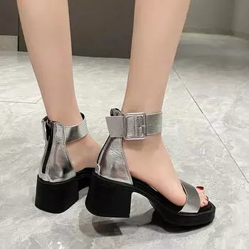 2024 2024Новинка Лето 2024 Сандалии Открытый носок Дышащие толстые каблуки Небольшой каблук Wrap Style Пляжная женская обувь 35 золотой