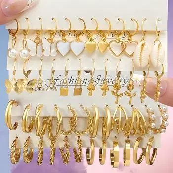 2024 24 пары серег-кольца золотого цвета, набор для женщин, геометрические металлические серьги в форме сердца, бабочки, цветка, замок, жемчужные серьги, ювелирные изделия 3