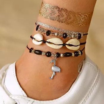 2024 3 шт./компл. Бохо модные ракушки хрустальные бусины Фламинго кулон кожаный ножной браслет набор женщин ювелирные изделия подарок