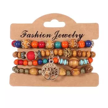 2024 4 шт./компл. браслет-цепочка с деревянными бусинами в богемном стиле для женщин, Древо жизни, очаровательный браслет с розами, браслет ручной работы для девочек, ювелирные изделия в стиле бохо 7