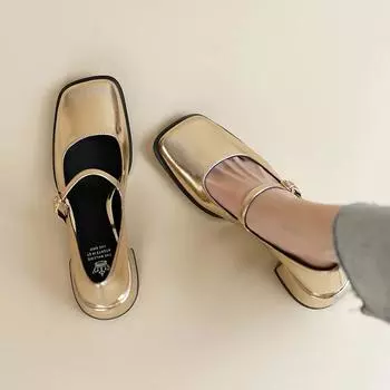 2024 5 см серебристые толстые каблуки Мэри Джейн Туфли женские с пряжкой на ремешке квадратный носок туфли женские на среднем каблуке лакированные кожаные туфли женские 35 чёрный