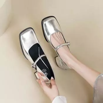 2024 5 см серебристые толстые каблуки Мэри Джейн Туфли женские с пряжкой на ремешке квадратный носок туфли женские на среднем каблуке лакированные кожаные туфли женские 35 чёрный