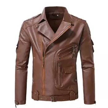 2024 Абсолютно новая мужская мотоциклетная кожаная куртка Тонкая мужская куртка из искусственной кожи Верхняя одежда Мужские куртки 4XL коричневый