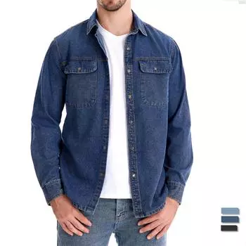 2024 AIOPESON 100% хлопок мужские джинсовые рубашки с двойным карманом повседневные ковбойские мужские рубашки с длинным рукавом новые осенние рубашки высокого качества EUR S 55-65kg чёрный