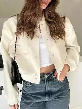 2024 элегантная однотонная уличная куртка женская с длинным рукавом на пуговицах тонкое укороченное пальто женские карманы дизайн повседневные шикарные топы новые S чёрный