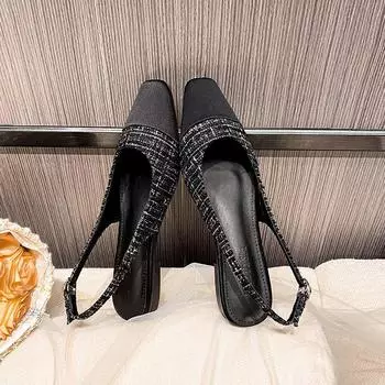 2024 элегантные женские летние туфли на плоской подошве с квадратным носком, милые повседневные цветные туфли на плоской подошве, женские мягкие дышащие сандалии во французском стиле 34 чёрный