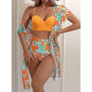 2024 Американский женский купальный костюм женский Sense с принтом бикини с высокой талией три комплекта купальников женский пляжный стиль S зелёный