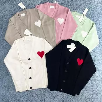 2024 AMI Autumn/Winter Unisex Macaron Color Love Jacquard Loose Cardigan Sweater Extra Large