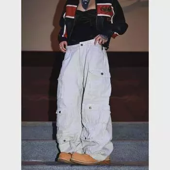 2024 Ami Khaki Retro Casual Unisex Combined - Модные широкие прямые брюки с множеством карманов S хаки