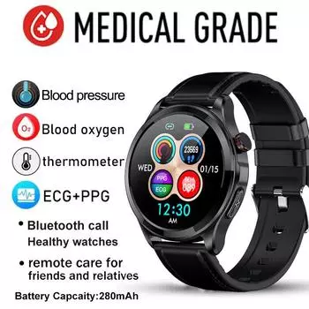 2024 AMOLED Новые ЭКГ+ППГ SOS экстренный вызов Смарт-часы Bluetooth вызов Монитор здоровья Часы сердечного ритма артериального давления Спортивные Смарт-часы для мужчин leather коричневый