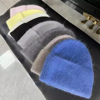 2024 Ангорская вязаная зимняя шапка для женщин из меха кролика, пушистые вязаные шапки, корейская роскошная шапка для женщин, мягкие теплые шапки Skullies 54-60cm бежевый