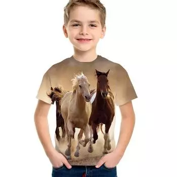 2024 Animal Horse 3D Print Повседневная детская одежда Верхняя футболка Модная футболка Простая детская одежда для мальчиков с коротким рукавом 130