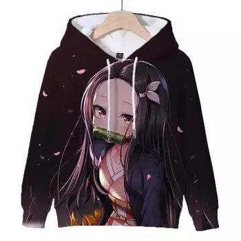 2024 Аниме Demon Slayer Hoodie Kamado Nezuko Pullover Hooded Comfortable Round Neck Street Hooded Sweatshirt для мужчин и женщин 100CM