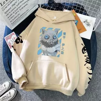 2024 Аниме Demon Slayer Толстовки Мужские Harajuku Manga Смешные Inosuke Дыхание Зверя Принт Унисекс Зимние Теплые Толстовки XS чёрный