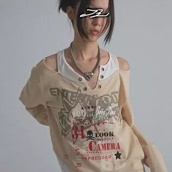2024 Асимметричная футболка с открытыми плечами и длинными рукавами в стиле панк, женская футболка в стиле Харадзюку в стиле пэчворк с готическим принтом Y2k, эстетический топ S бежевый