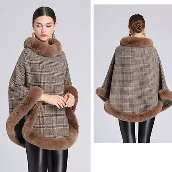 2024 этнический клетчатый шарф женский зимний шарф женское французское пончо плюшевая шаль зимнее теплое пончо плюшевое элегантное женское пончо утолщенное плюшевое очарование 80-100cm серый