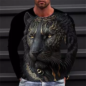 2024 Autumn 3D Animal Print T-shirt Men s Clothing O-neck Long sleeved Top Casual Street T-shirt S