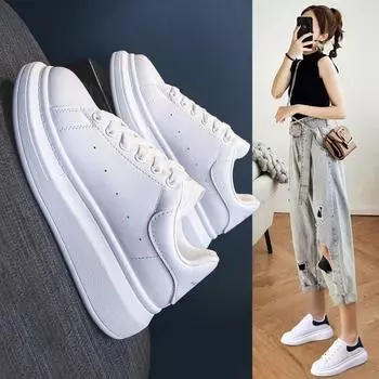 2024 autumn and winter adult thick-soled heightening board shoes women s low-top round head spot artificial PU white board shoes little white shoes 35 белый