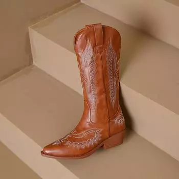 2024 autumn and winter fashions embroidered western cowboy boots, pointy-tipped, medium thick-heeled biker boots 35 коричневый